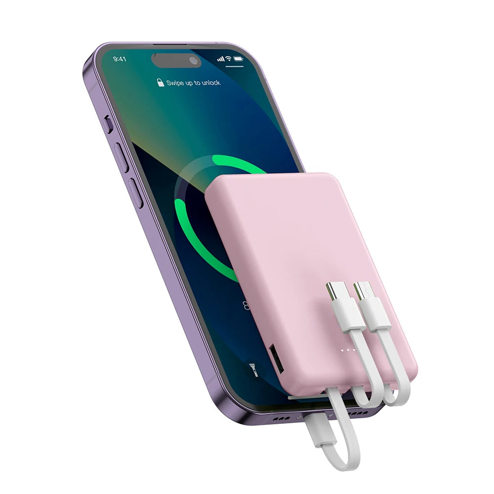 Mini 5000mAh Portable Power Bank With Built-in LED Digital Display, 1 USB-A Port and 3 Integrated Charging Cords, Ultra Compact External Battery Pack, Support Multiple Devices Simultaneous Charging Compatible With Android Sm