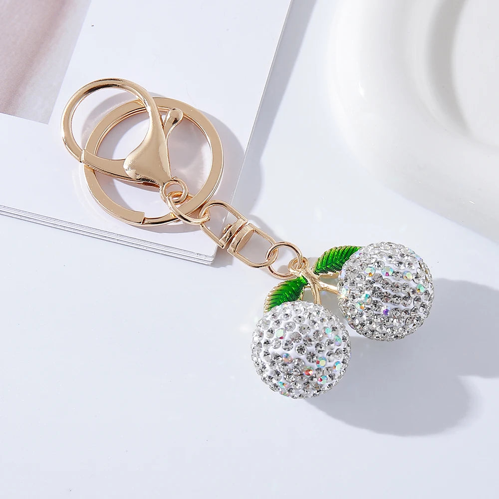 Full Rhinestones Cherry Keychain Couple Keychain Girl Decoration Small Pendant Car Key Ring Student Bag Pendant