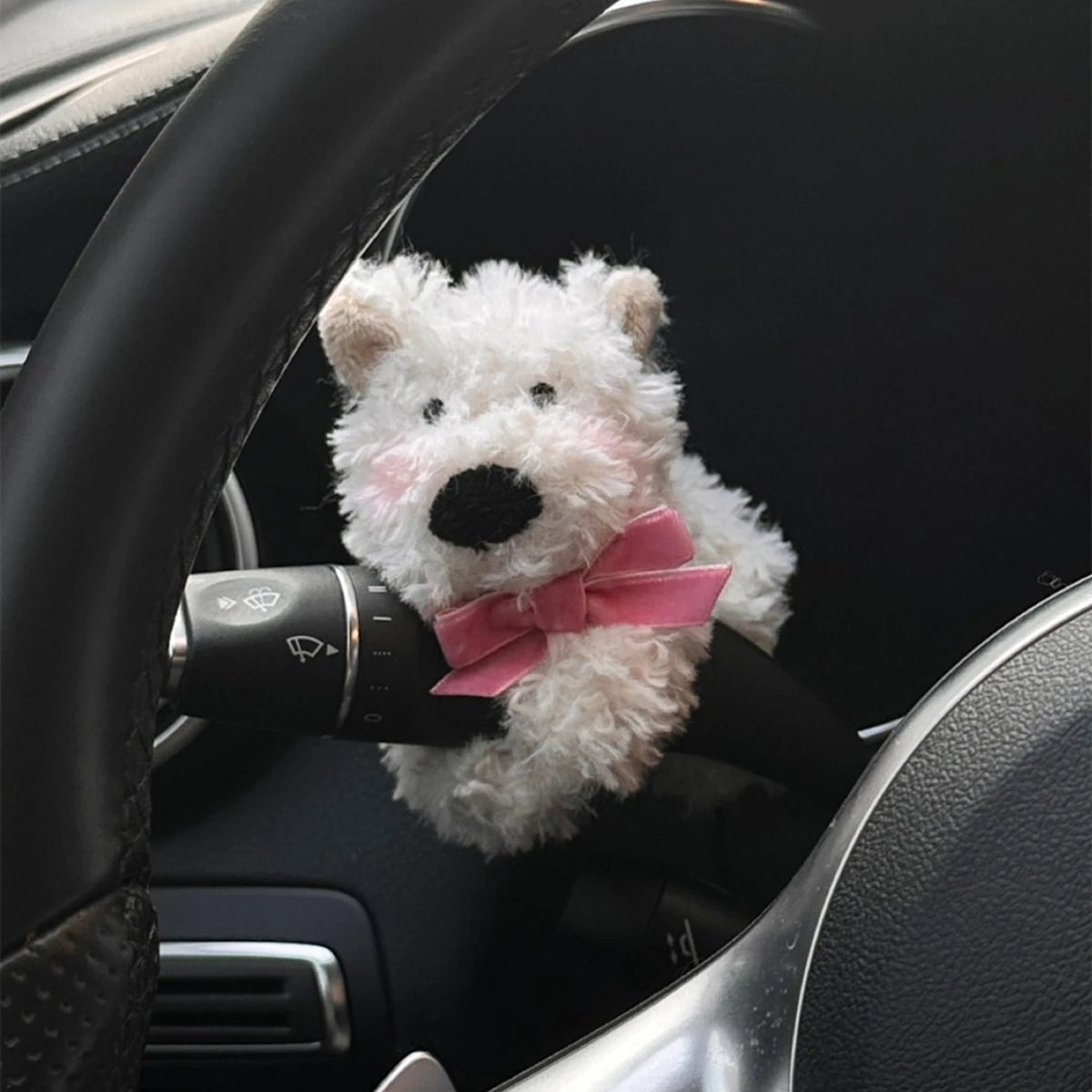 Plush Doll Puppy Car Interior Cute Bow Dog Steering Column Turn Signal Wiper Rod Decorative Accessories for Tesla Benz