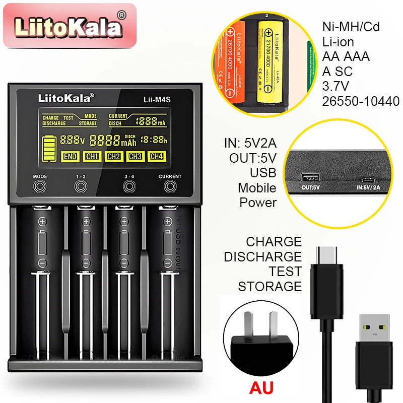 LiitoKala Lii-M4S Touch Charger (4 Slots)-300-1000mA LCD Capacity Tester W/ Storage Mode & USB Power Bank for 21700/26650/18650
