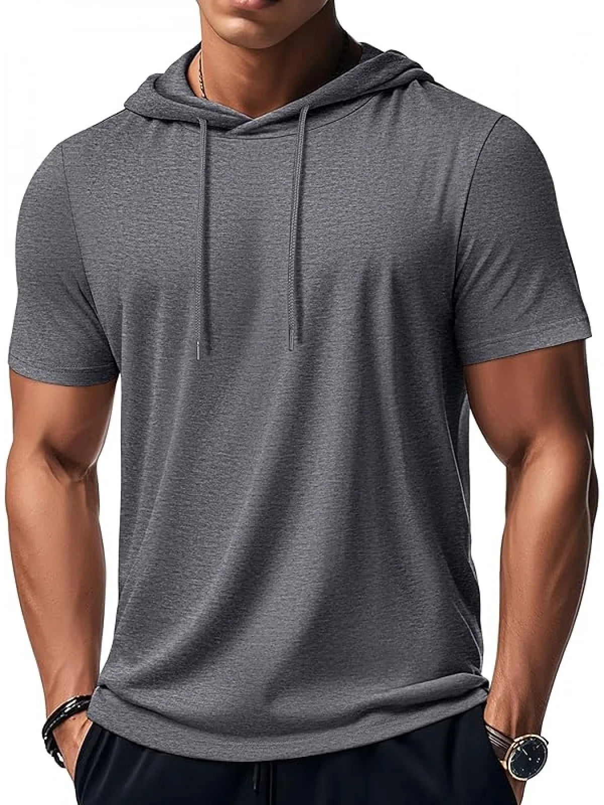 Men's short sleeved hooded sweatshirt hooded T-shirt lightweight sports shirt hooded
