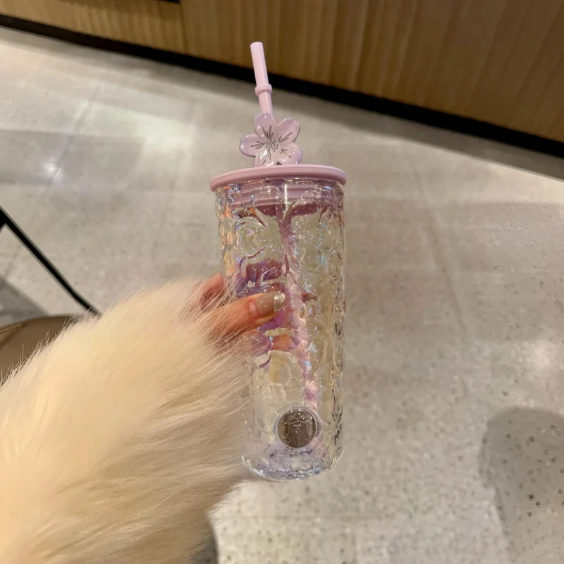Starbucks 575ml Iridescent Sakura Glass Tumbler, Embossed Texture, Pink Lid & Cherry Blossom Straw Topper Starbucks Cup