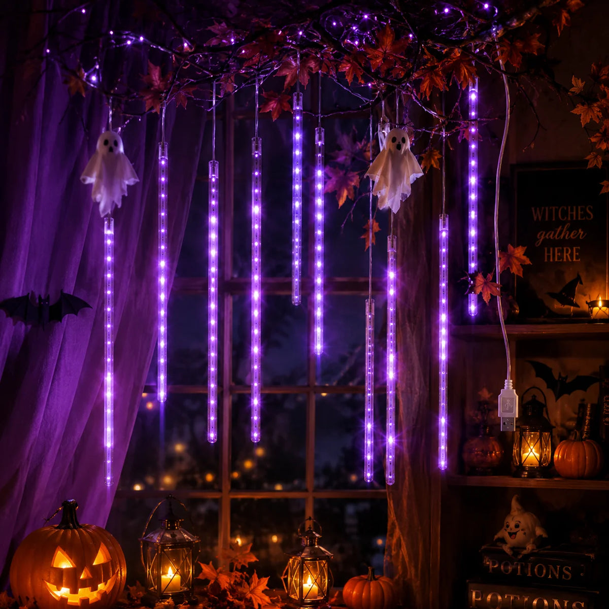 LED String Lights Meteor Shower Falling Rain Tube Lights USB Powered Warm White Purple for Garden Patio Yard Halloween Decor