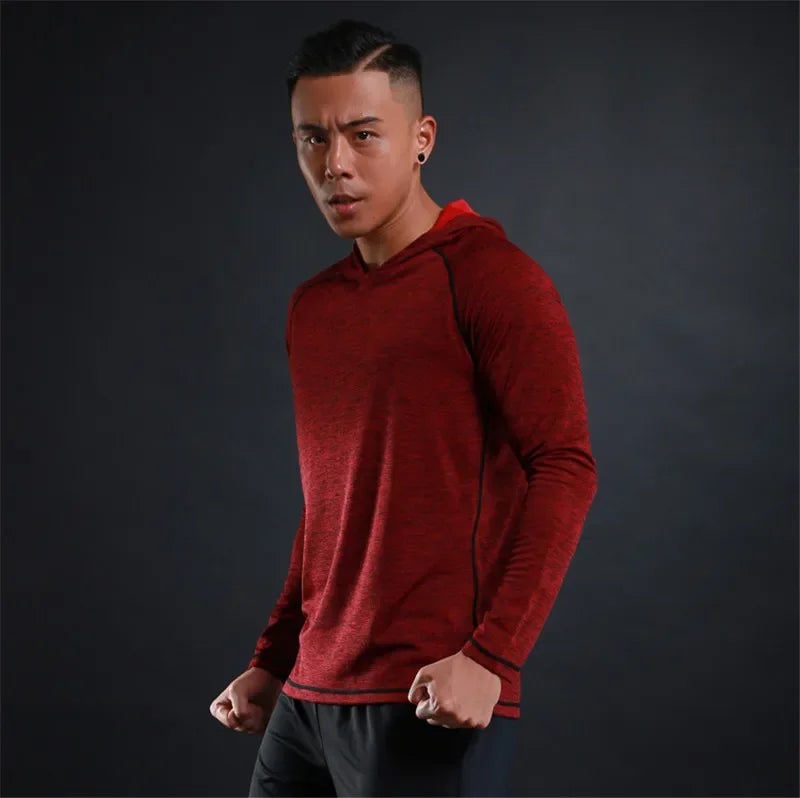 Men Elastic Hooded T Shirt Breathable Casual Gym T-Shirt Man Long Sleeve Running Tops Quick Dry Fitness T-Shirts Male Clothes