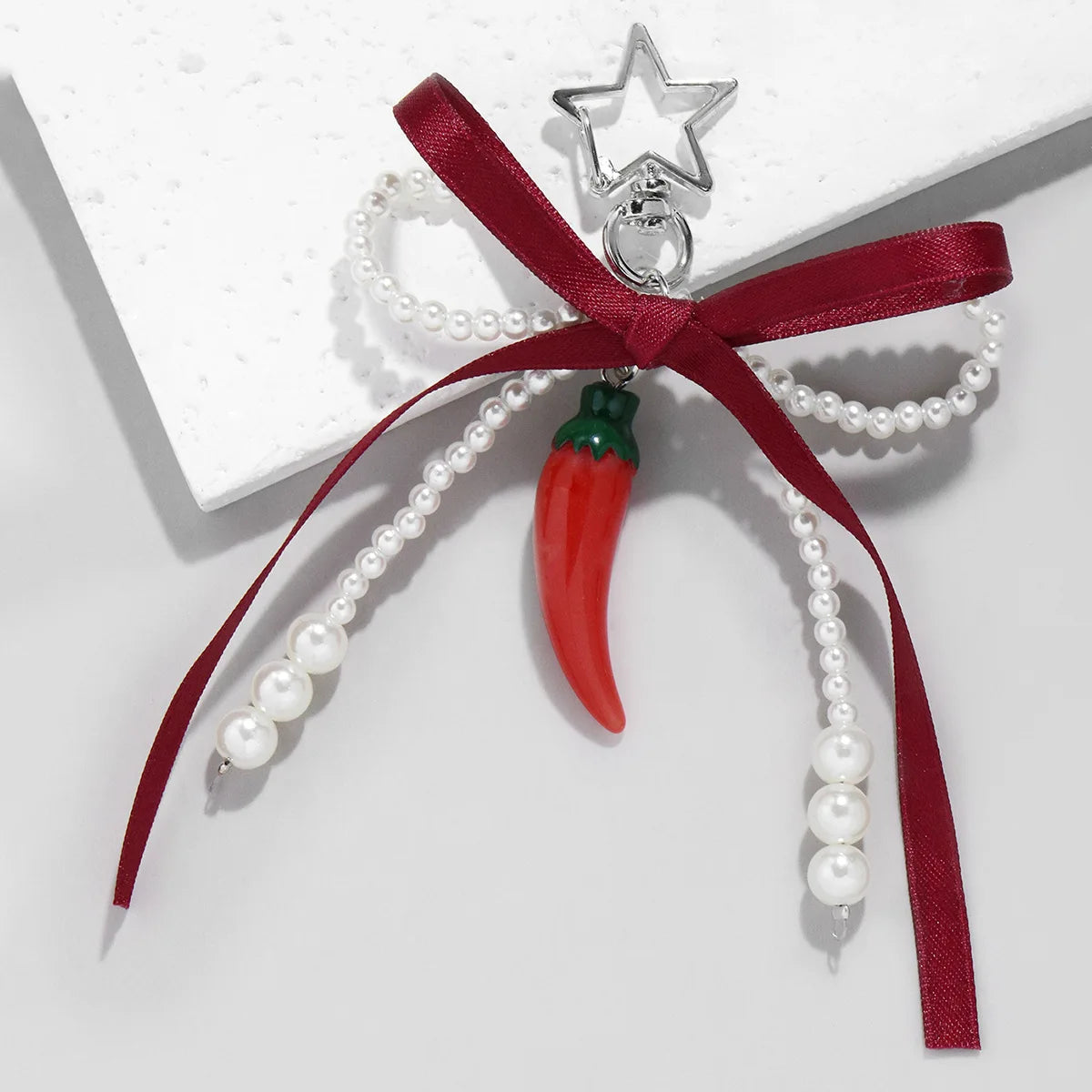 Wine Red Ribbon Cherry Pendants Keychain Women Sweet White Pearl Bow Backpack Key Ring Jewelry Bags Decoration Friendship Gifts