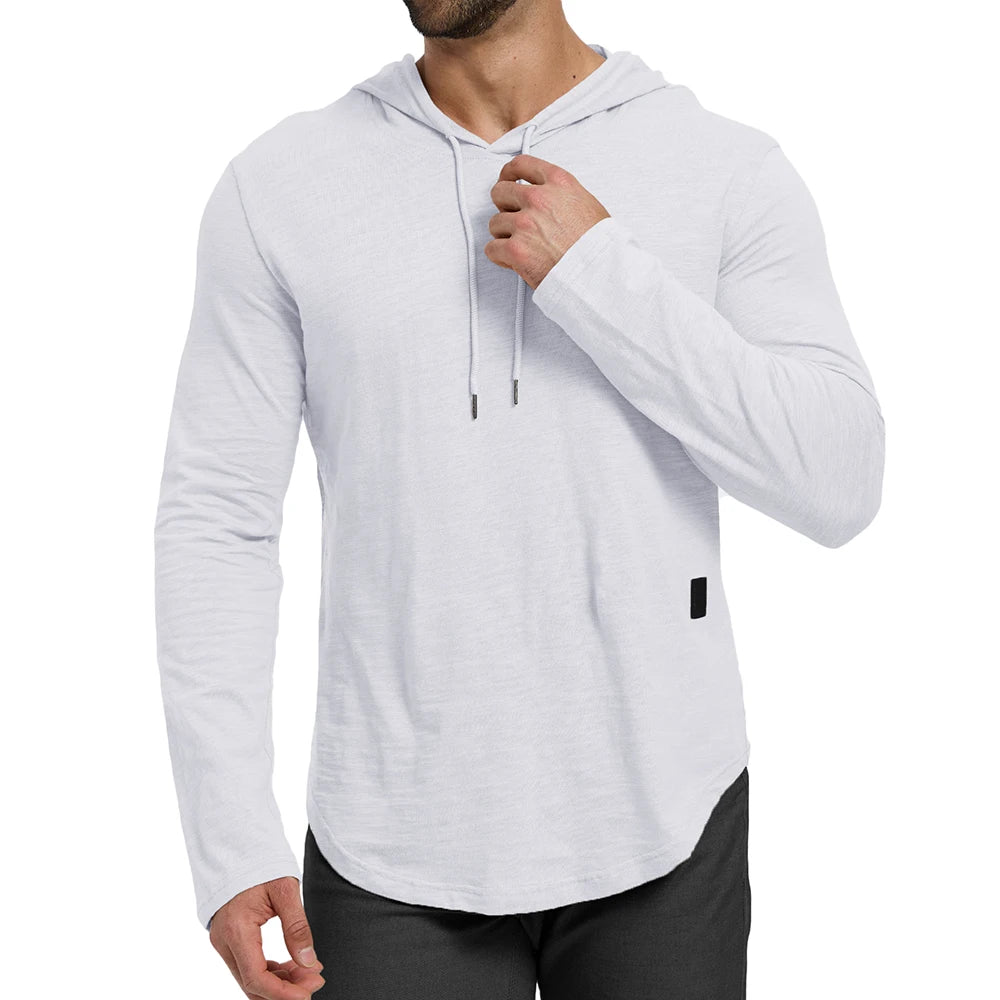 Men's Solid Color Long Sleeve T-shirt Hooded Design Fashion Breathable Tees Lightweight Drawstring Cozy Cotton Tops