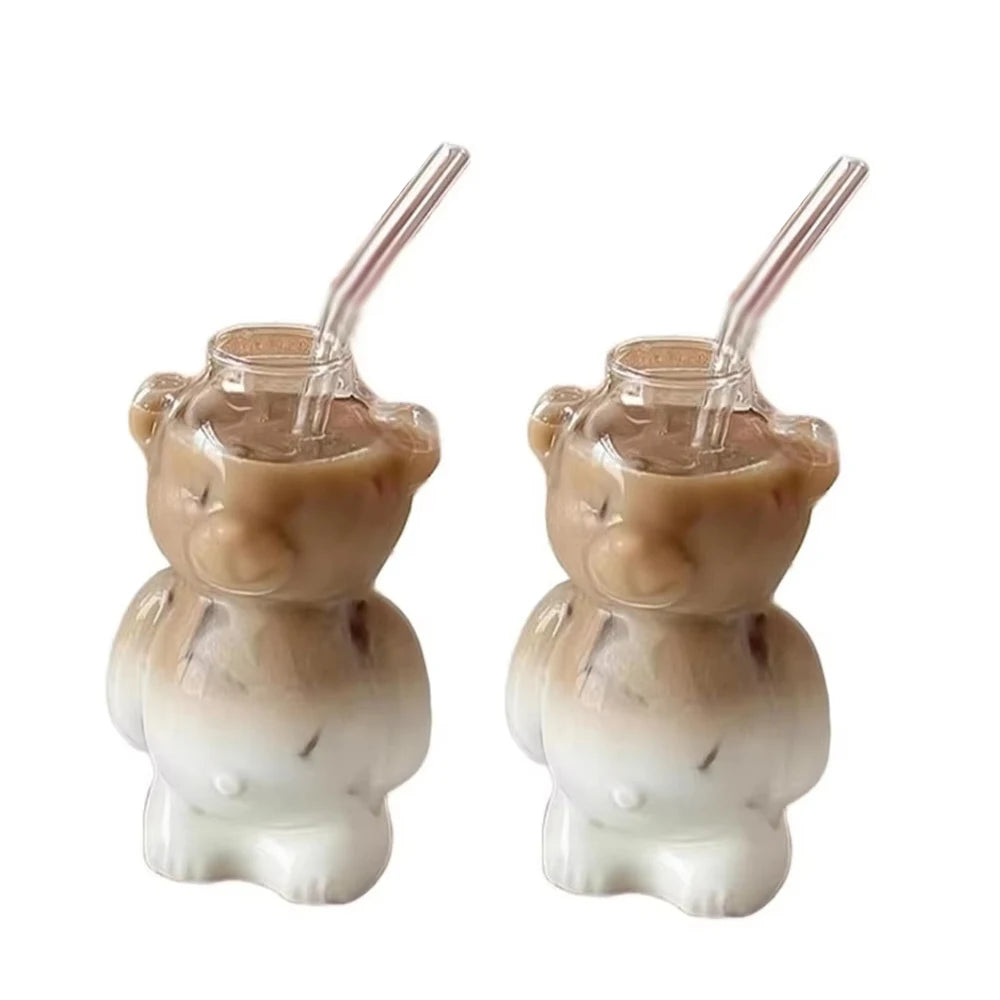 Cartoon Bear Shaped Coffee Mug Cute Bear Mug Glass Cup With Straw Transparent Creative Milk Coffee Water Cups