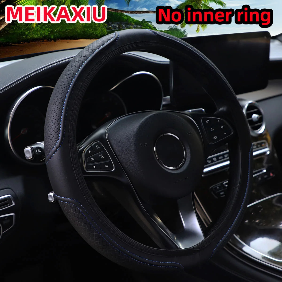 PU Leather Embossed Steering Wheel Cover 14.5-15 Inch round Rimless Design for All Seasons Men Women Cars