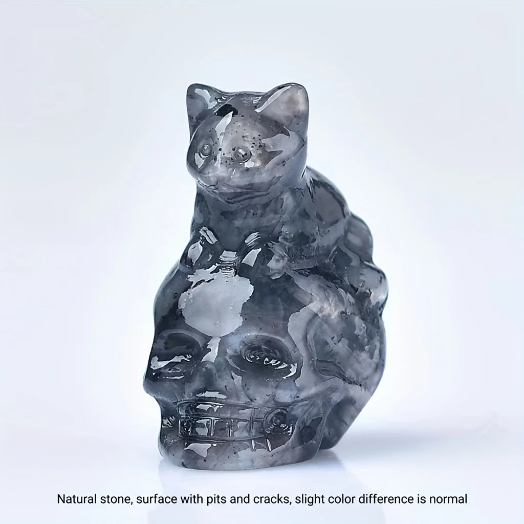 CUPIDCRYSTAL Hand-Carved Natural Crystal Skull Cat Figurine - Perfect for Halloween Decor & Gifts, 1.18in