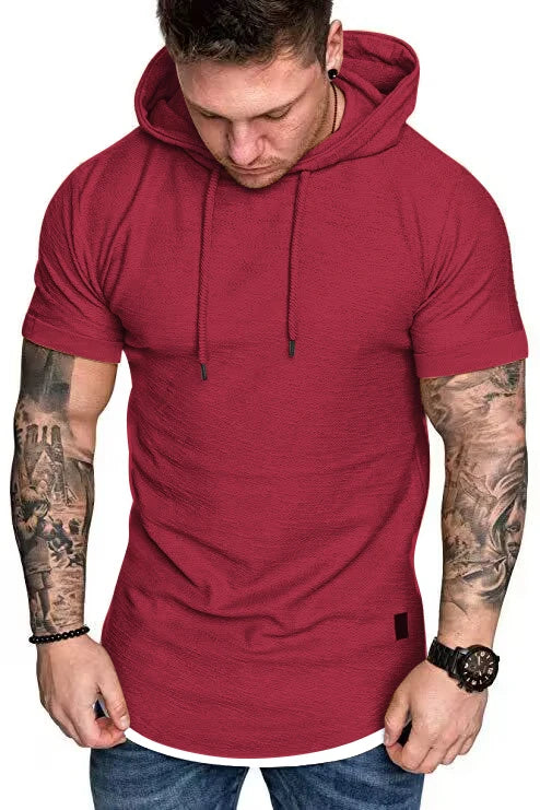 New men's summer hooded T-shirt Men's solid color top men's short sleeve T-shirt Hoodie casual fashion men's short sleeve