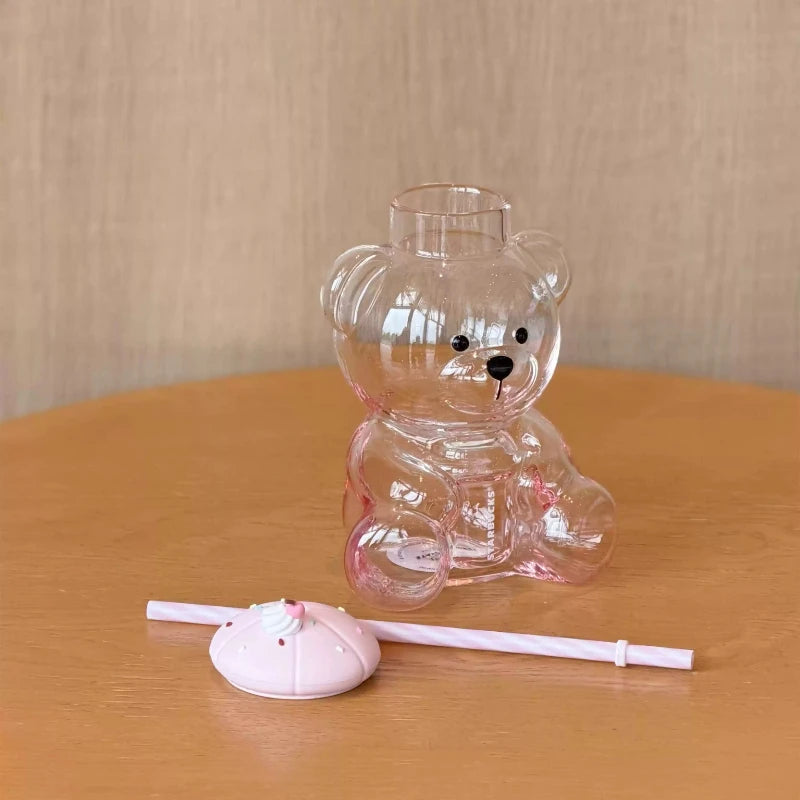 660ml Cute Bear Shaped Starbucks Glass Tumbler, Sweet Dessert Silicone Cover & Pink Straw, Clear Beverage Cup For Daily Use