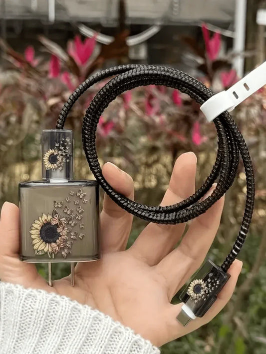 5pcs/Set Printed Butterfly & Sunflower Design TPU Charging Cable