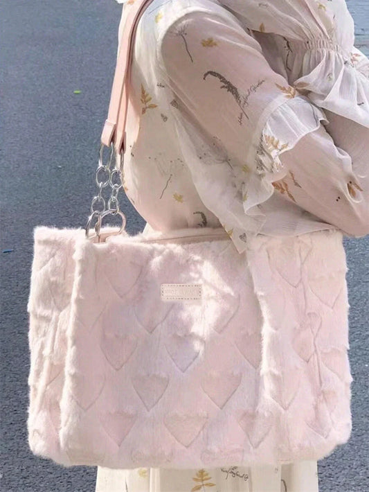 Pink Love-Shaped Plush Shoulder Bag