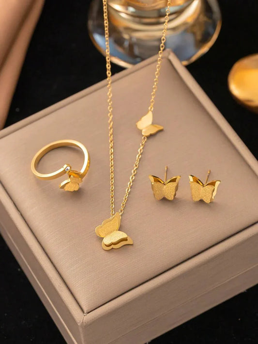 4pcs/Set Stainless Steel Butterfly Necklace, Earrings, Ring Set