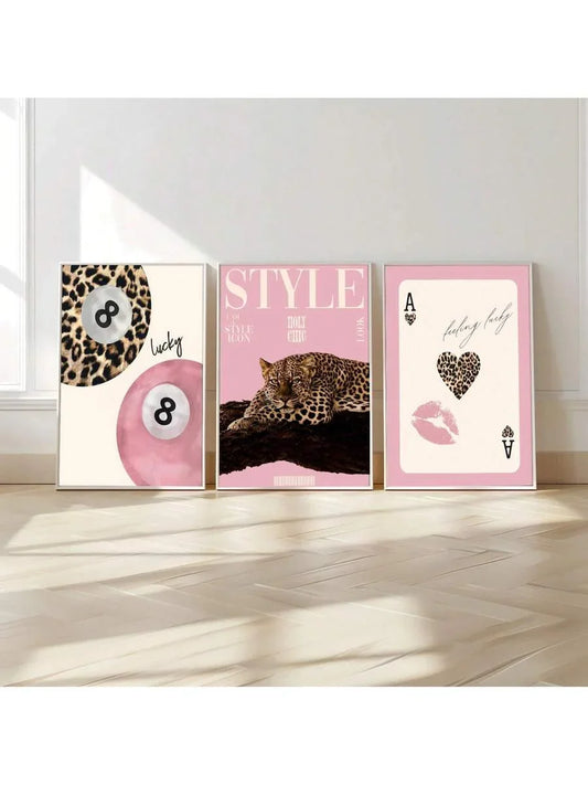 Leopard Cheetah Mural Decorative Canvas Painting Pink Fashion