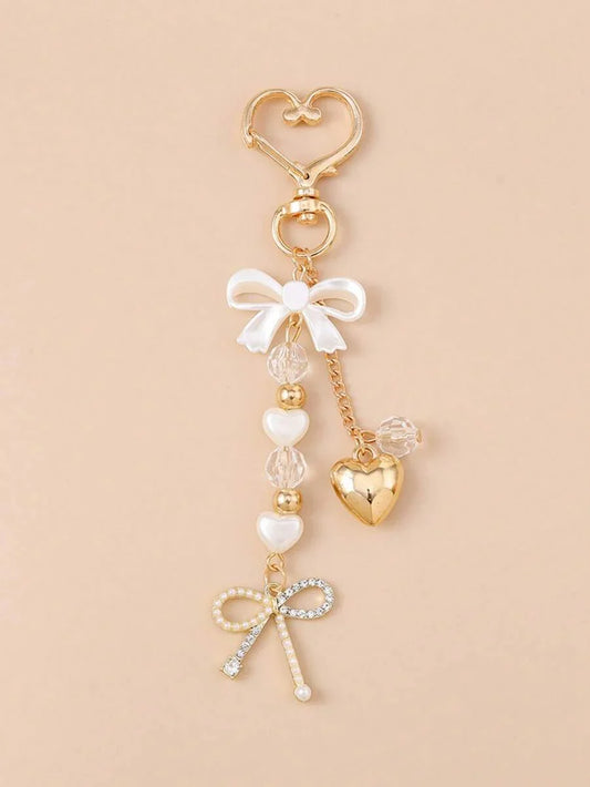 Unisex Faux Pearl Bow Keychain