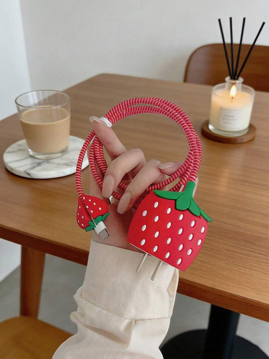 4pcs Cute Cartoon Strawberry & Apple Charger Protector Case