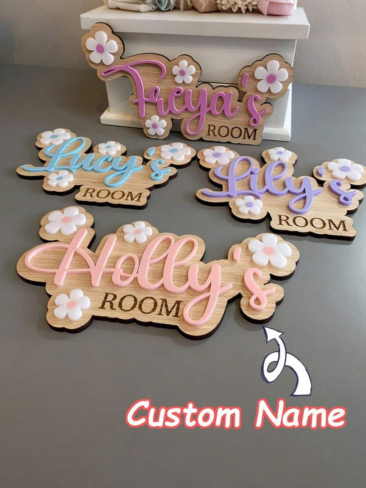 2D Personalized Bedroom Door Sign With Flower Daisy Pattern