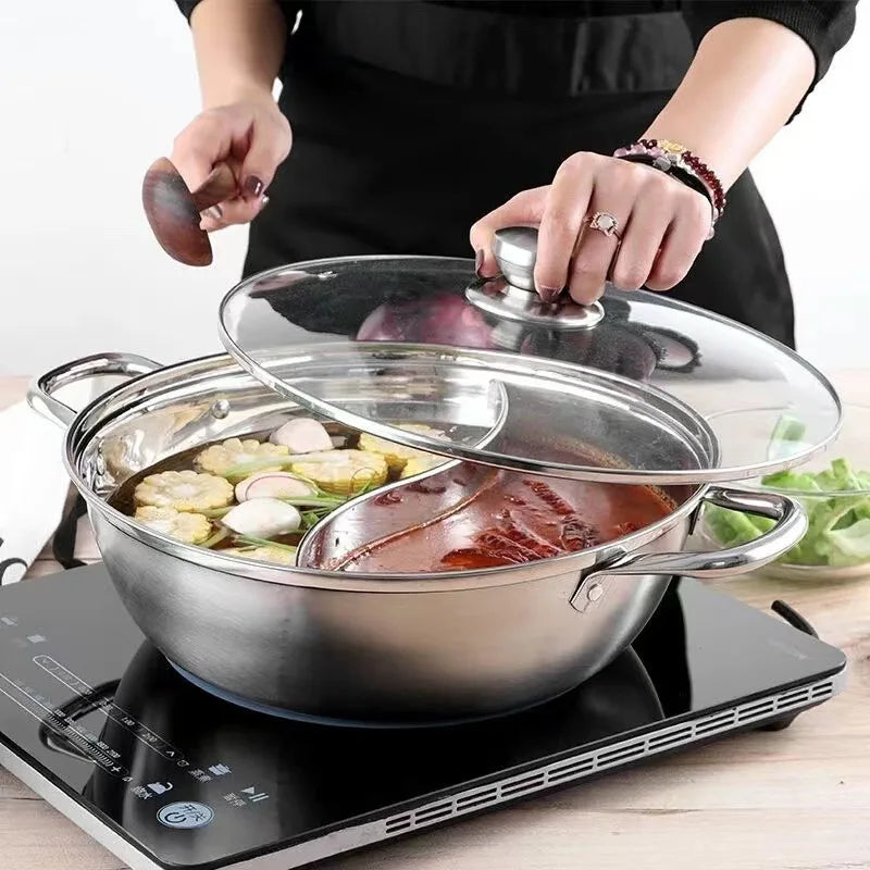 Stainless Steel Divided Hot Pot Cooking Pot Double Favor Fit Induction Cooktop Gas Stove for Family Party Home Picnic 30/32/34/3