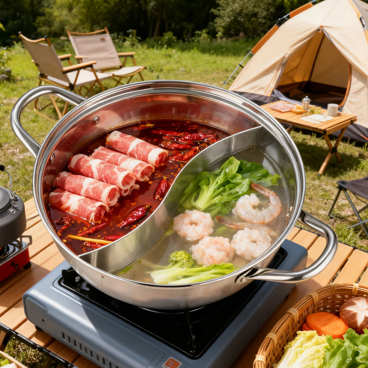 Stainless Steel Divided Hot Pot Cooking Pot Double Favor Fit Induction Cooktop Gas Stove for Family Party Home Picnic 30/32/34/3