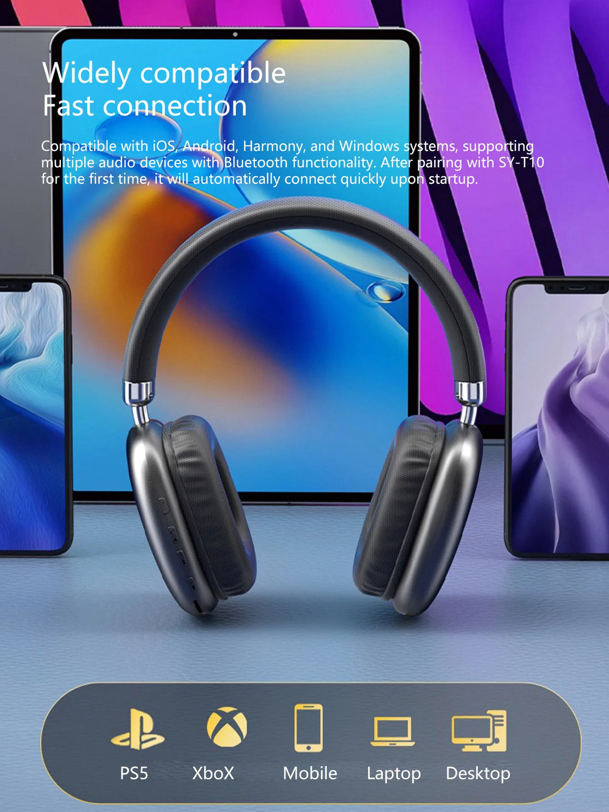 Wireless Over-Ear Headphones,5.3 Chip,Hi-Fi 360° Surround Sound,Dual Device Connection,Long Battery,Stylish Wireless Headset