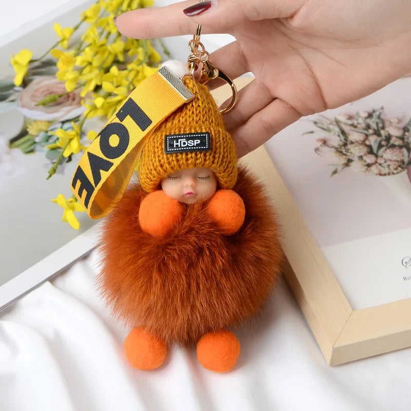Pompom Sleeping Doll Keychain Cute Fluffy Plush Doll Keychains Women Girl Bags Keyrings Cars Key Ring  Gift Charming  Decoration