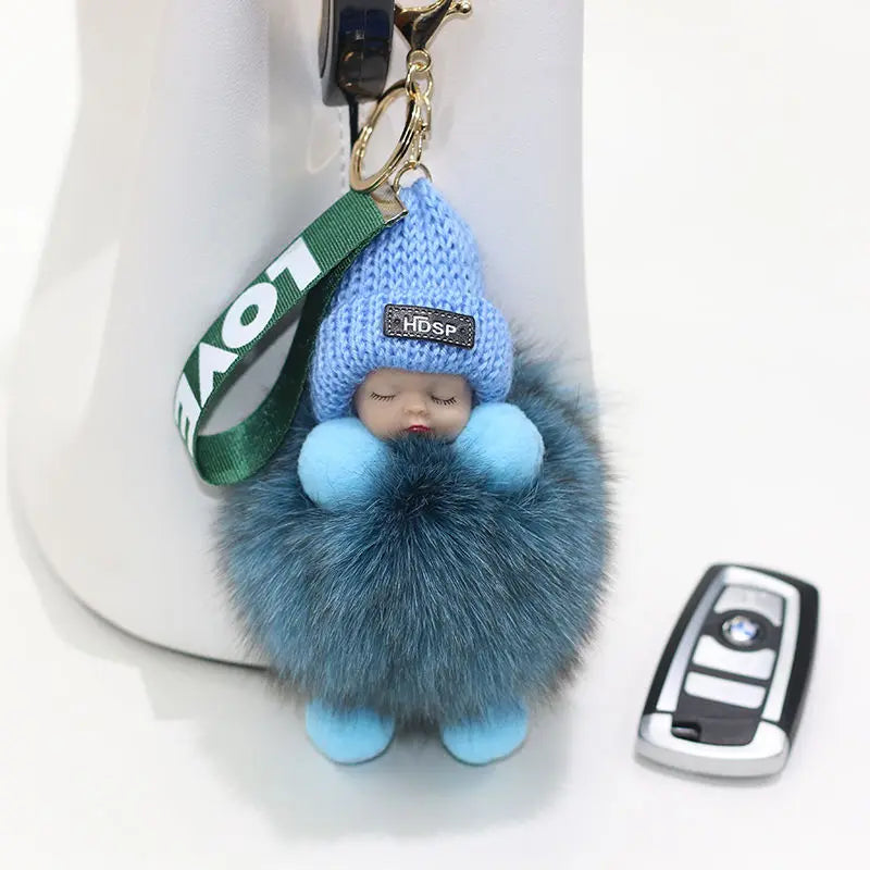 Pompom Sleeping Doll Keychain Cute Fluffy Plush Doll Keychains Women Girl Bags Keyrings Cars Key Ring  Gift Charming  Decoration