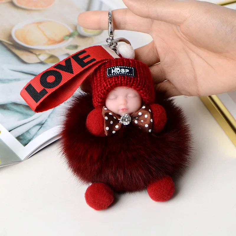 Pompom Sleeping Doll Keychain Cute Fluffy Plush Doll Keychains Women Girl Bags Keyrings Cars Key Ring  Gift Charming  Decoration