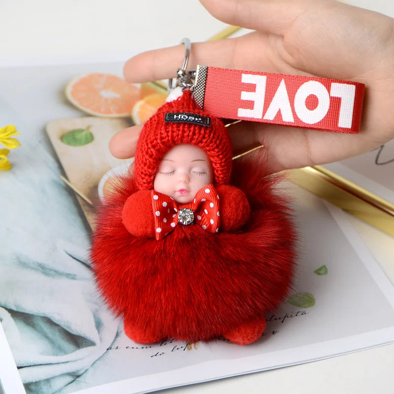 Pompom Sleeping Doll Keychain Cute Fluffy Plush Doll Keychains Women Girl Bags Keyrings Cars Key Ring  Gift Charming  Decoration