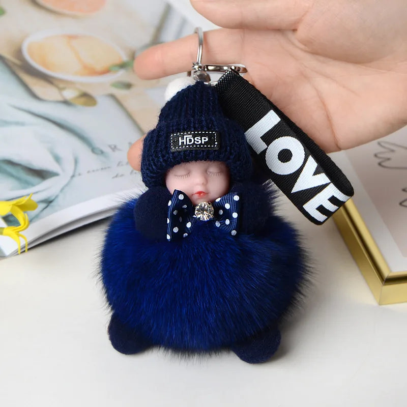 Pompom Sleeping Doll Keychain Cute Fluffy Plush Doll Keychains Women Girl Bags Keyrings Cars Key Ring  Gift Charming  Decoration