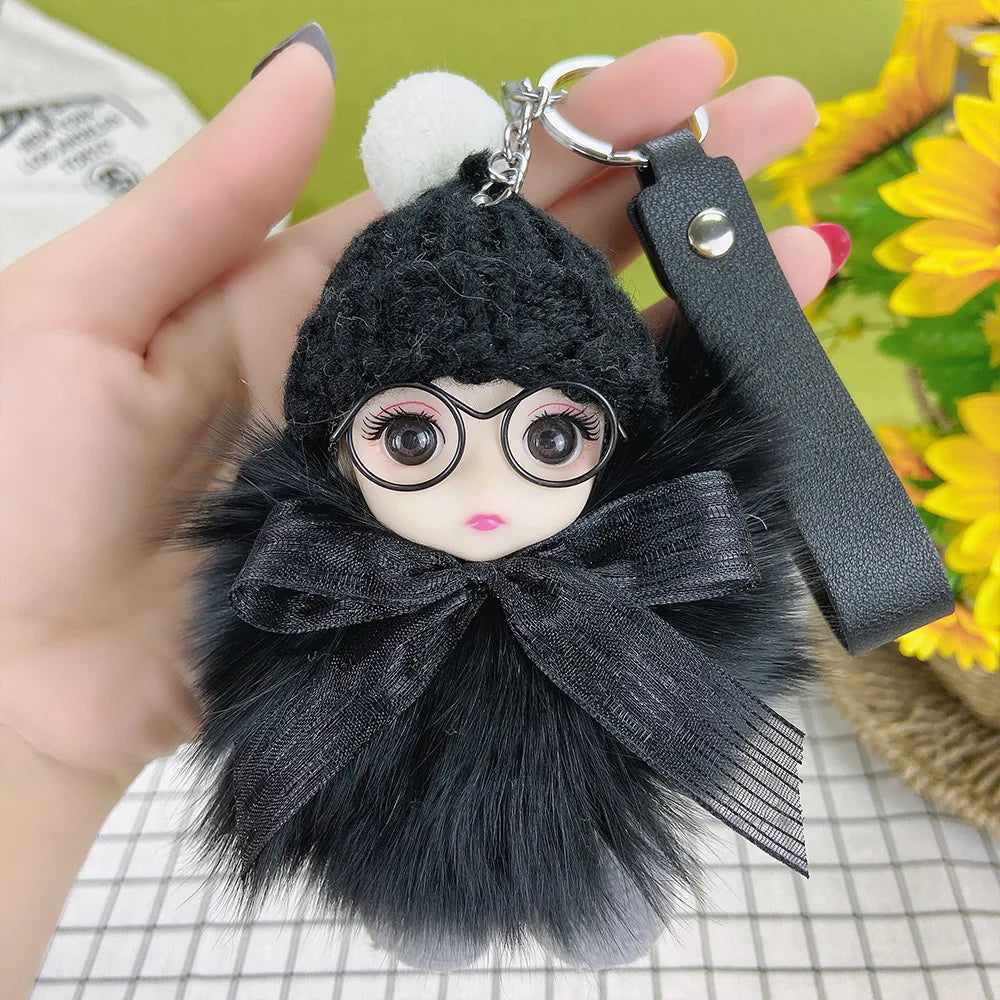 Pompom Sleeping Doll Keychain Cute Fluffy Plush Doll Keychains Women Girl Bags Keyrings Cars Key Ring  Gift Charming  Decoration