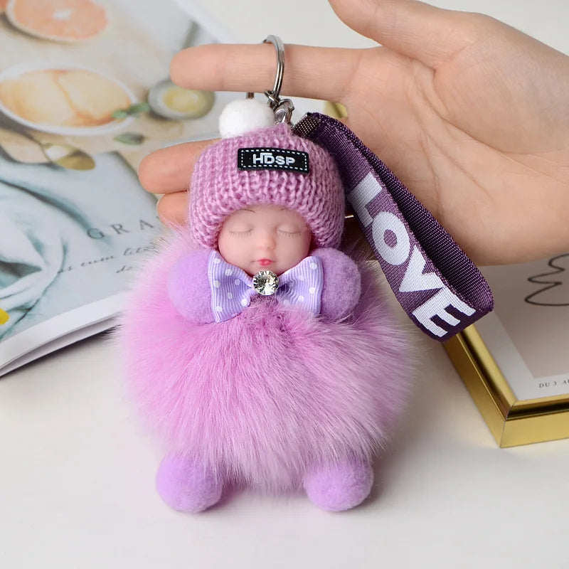 Pompom Sleeping Doll Keychain Cute Fluffy Plush Doll Keychains Women Girl Bags Keyrings Cars Key Ring  Gift Charming  Decoration