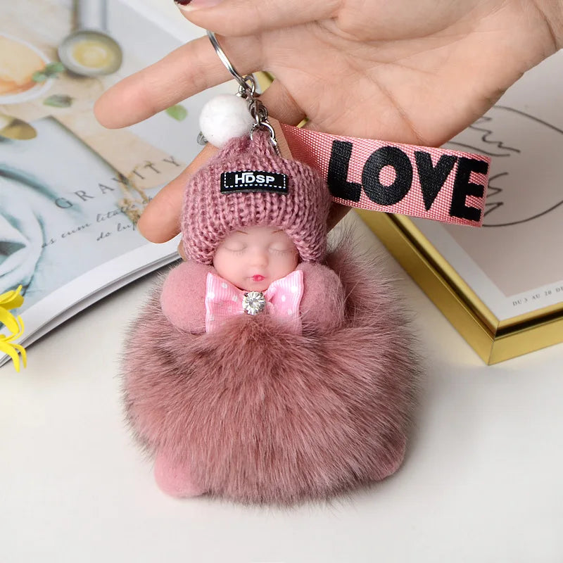 Pompom Sleeping Doll Keychain Cute Fluffy Plush Doll Keychains Women Girl Bags Keyrings Cars Key Ring  Gift Charming  Decoration
