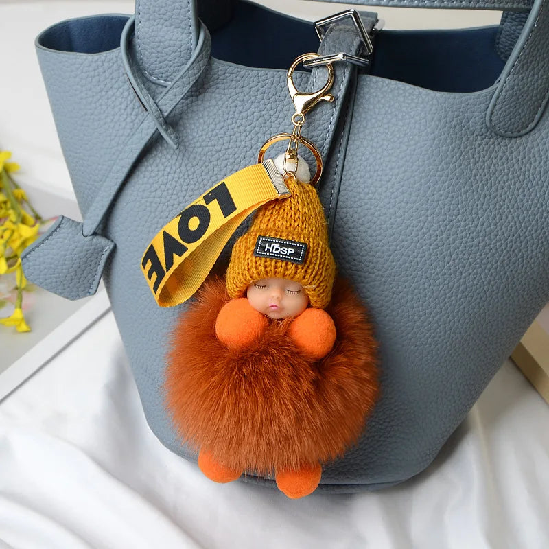 Pompom Sleeping Doll Keychain Cute Fluffy Plush Doll Keychains Women Girl Bags Keyrings Cars Key Ring  Gift Charming  Decoration