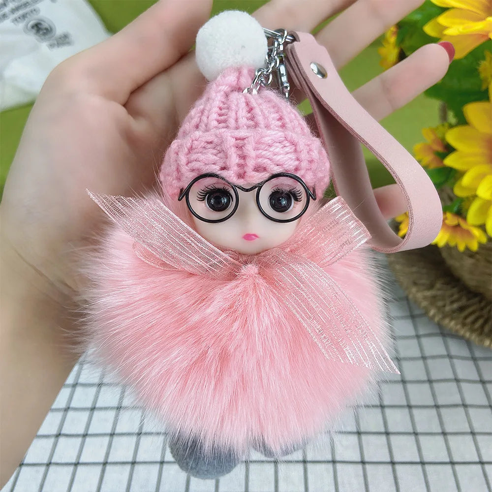 Pompom Sleeping Doll Keychain Cute Fluffy Plush Doll Keychains Women Girl Bags Keyrings Cars Key Ring  Gift Charming  Decoration