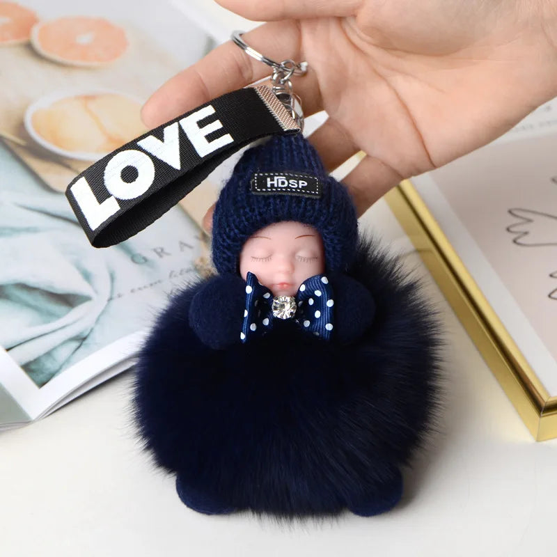 Pompom Sleeping Doll Keychain Cute Fluffy Plush Doll Keychains Women Girl Bags Keyrings Cars Key Ring  Gift Charming  Decoration