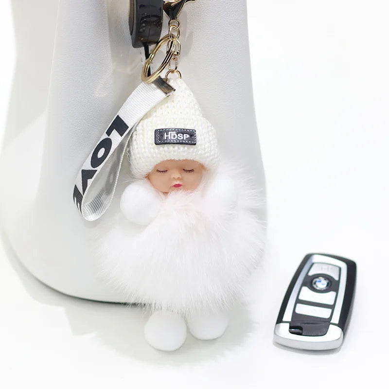 Pompom Sleeping Doll Keychain Cute Fluffy Plush Doll Keychains Women Girl Bags Keyrings Cars Key Ring  Gift Charming  Decoration