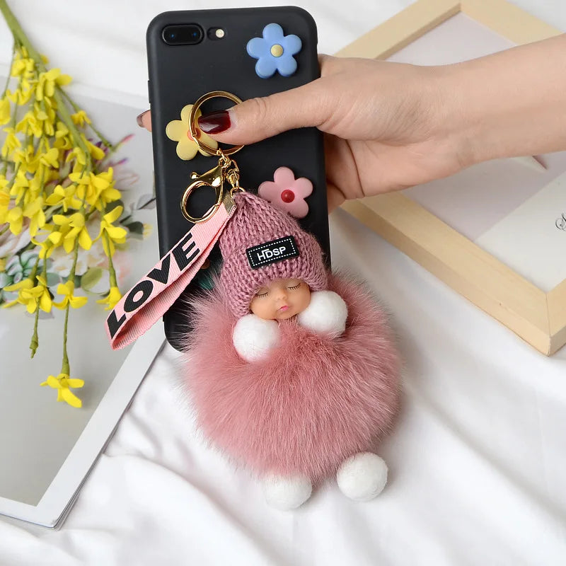 Pompom Sleeping Doll Keychain Cute Fluffy Plush Doll Keychains Women Girl Bags Keyrings Cars Key Ring  Gift Charming  Decoration