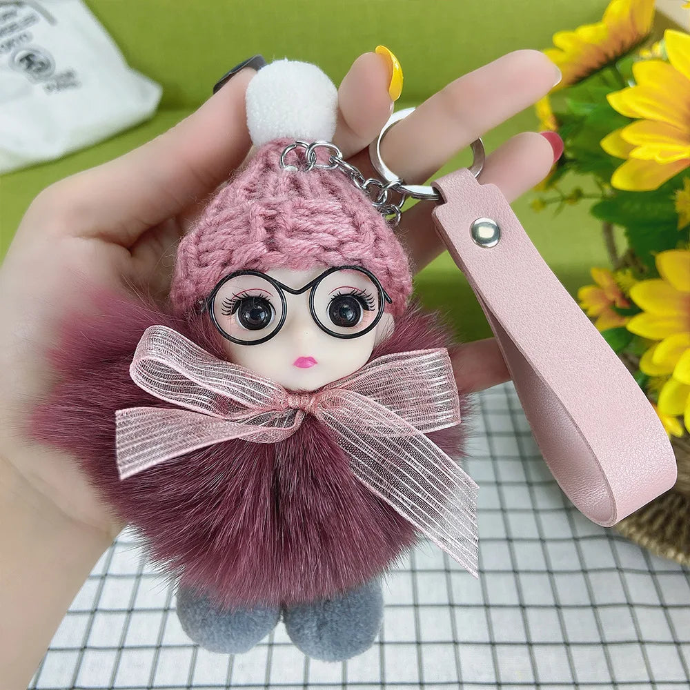 Pompom Sleeping Doll Keychain Cute Fluffy Plush Doll Keychains Women Girl Bags Keyrings Cars Key Ring  Gift Charming  Decoration
