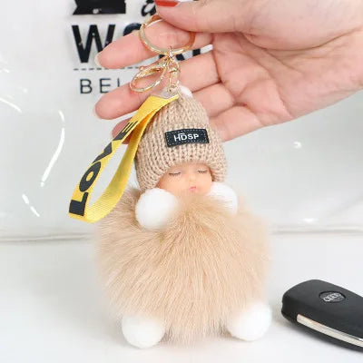 Pompom Sleeping Doll Keychain Cute Fluffy Plush Doll Keychains Women Girl Bags Keyrings Cars Key Ring  Gift Charming  Decoration