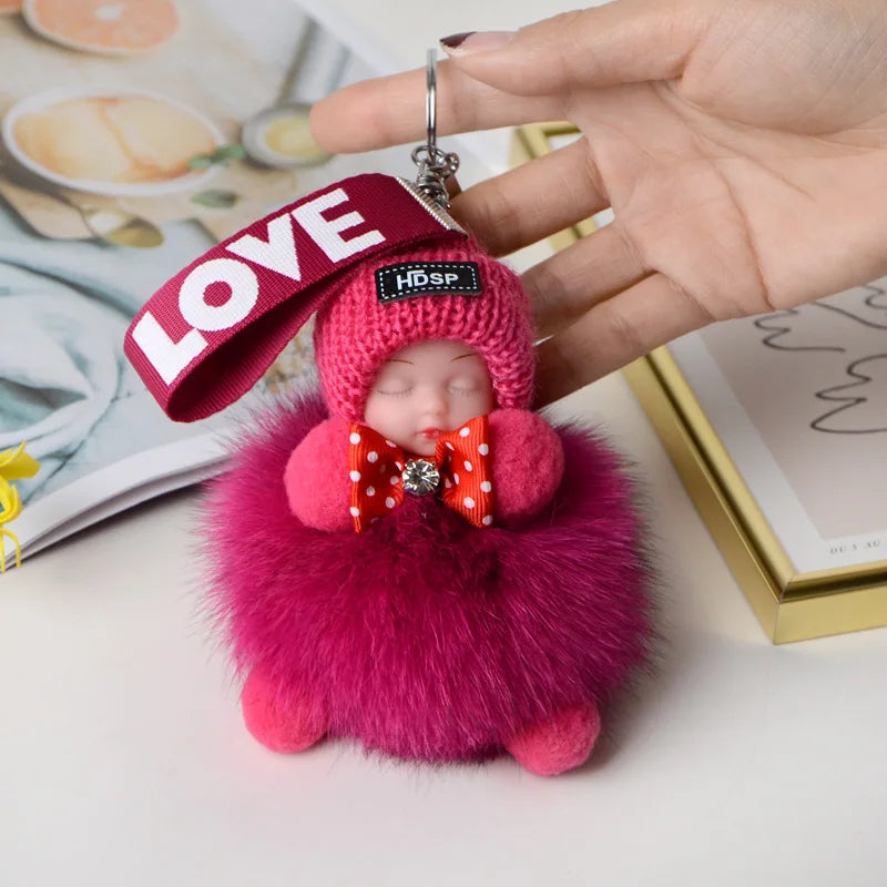 Pompom Sleeping Doll Keychain Cute Fluffy Plush Doll Keychains Women Girl Bags Keyrings Cars Key Ring  Gift Charming  Decoration