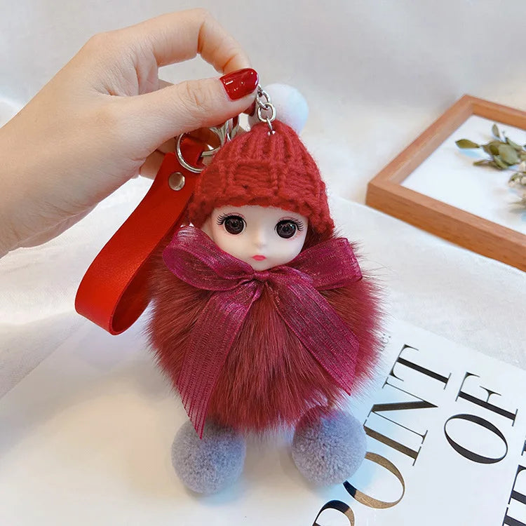 Pompom Sleeping Doll Keychain Cute Fluffy Plush Doll Keychains Women Girl Bags Keyrings Cars Key Ring  Gift Charming  Decoration