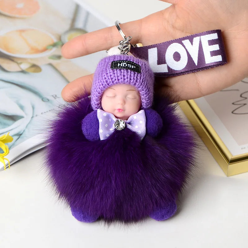 Pompom Sleeping Doll Keychain Cute Fluffy Plush Doll Keychains Women Girl Bags Keyrings Cars Key Ring  Gift Charming  Decoration