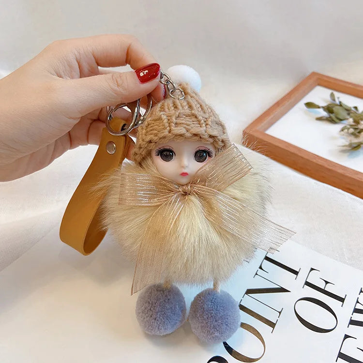 Pompom Sleeping Doll Keychain Cute Fluffy Plush Doll Keychains Women Girl Bags Keyrings Cars Key Ring  Gift Charming  Decoration