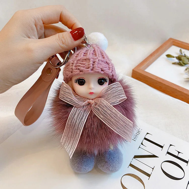 Pompom Sleeping Doll Keychain Cute Fluffy Plush Doll Keychains Women Girl Bags Keyrings Cars Key Ring  Gift Charming  Decoration