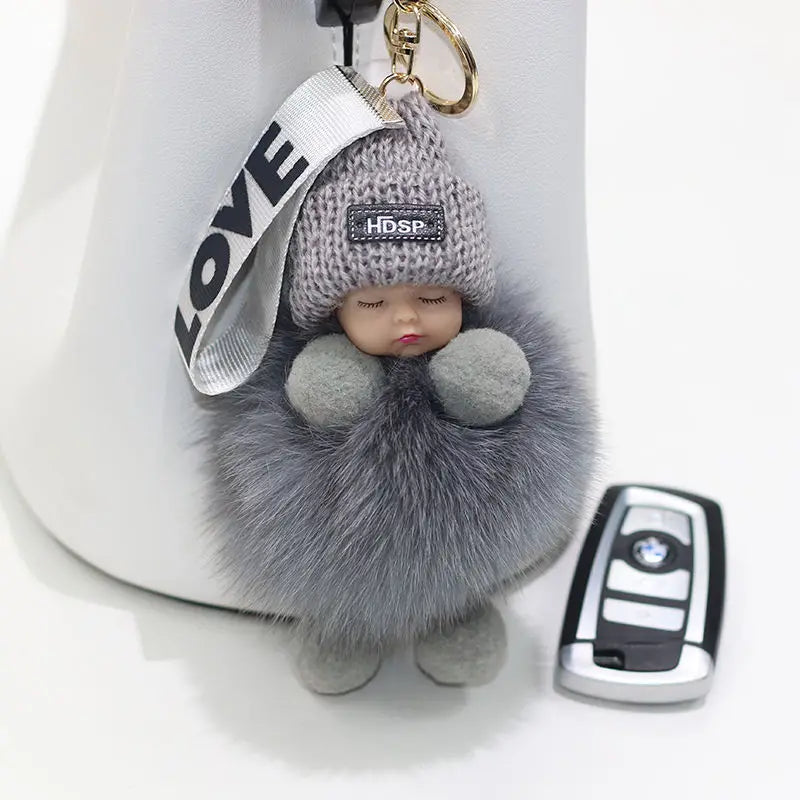 Pompom Sleeping Doll Keychain Cute Fluffy Plush Doll Keychains Women Girl Bags Keyrings Cars Key Ring  Gift Charming  Decoration