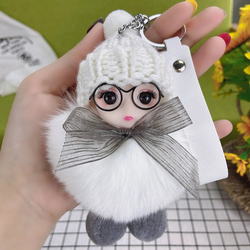 Pompom Sleeping Doll Keychain Cute Fluffy Plush Doll Keychains Women Girl Bags Keyrings Cars Key Ring  Gift Charming  Decoration