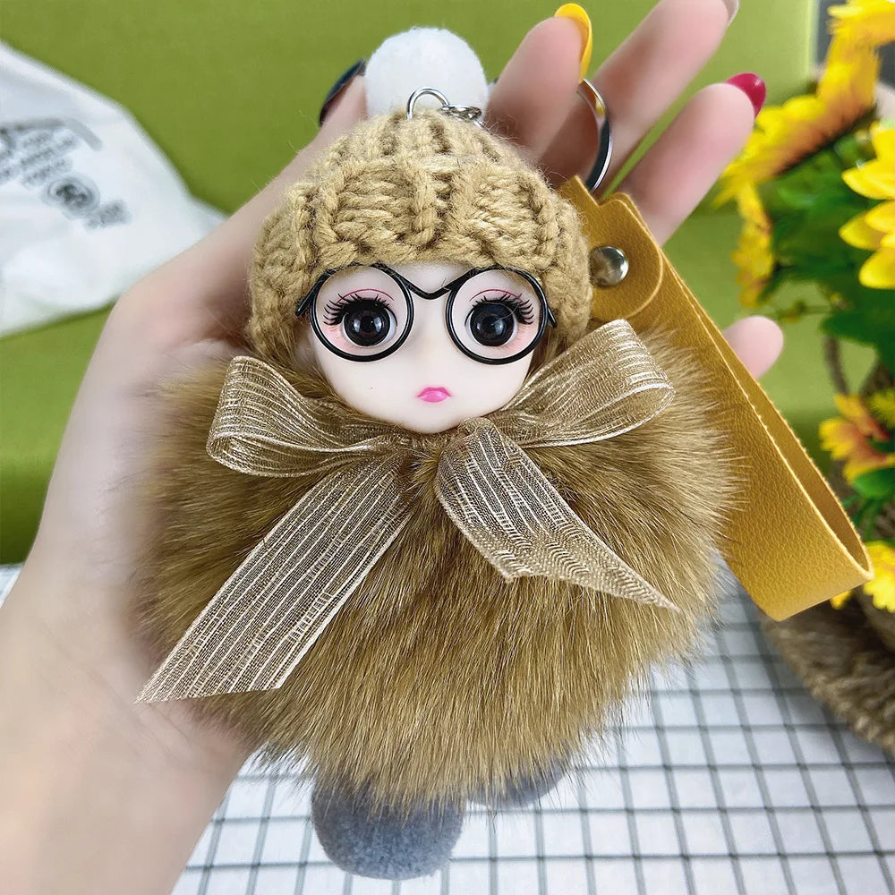 Pompom Sleeping Doll Keychain Cute Fluffy Plush Doll Keychains Women Girl Bags Keyrings Cars Key Ring  Gift Charming  Decoration