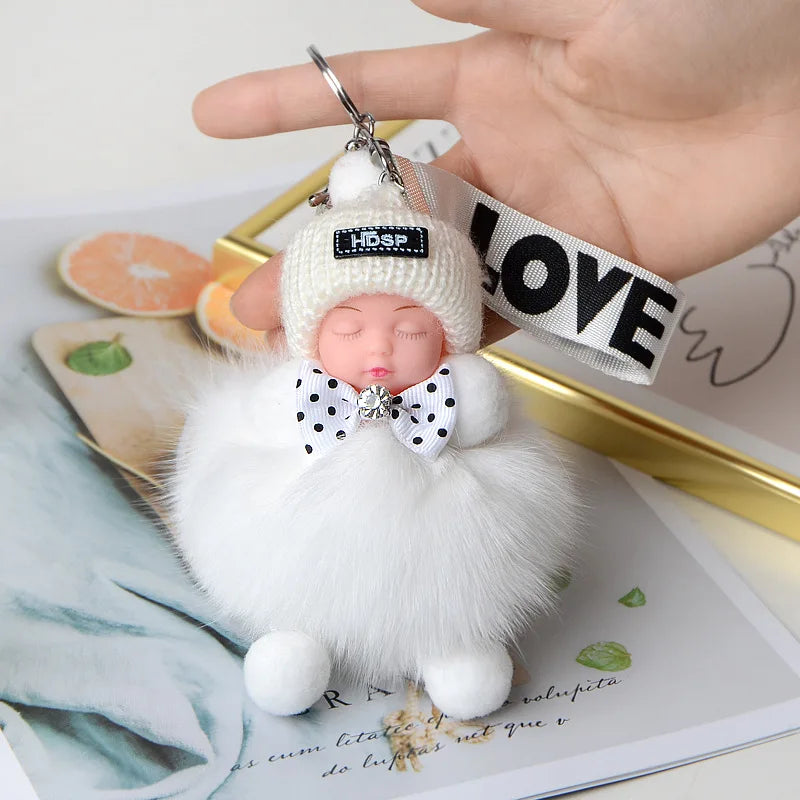 Pompom Sleeping Doll Keychain Cute Fluffy Plush Doll Keychains Women Girl Bags Keyrings Cars Key Ring  Gift Charming  Decoration