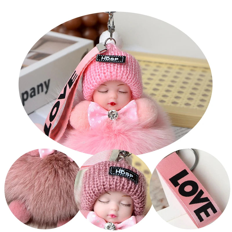 Pompom Sleeping Doll Keychain Cute Fluffy Plush Doll Keychains Women Girl Bags Keyrings Cars Key Ring  Gift Charming  Decoration
